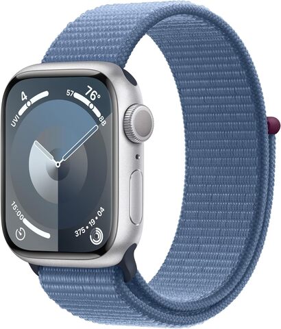 Умные часы Apple Watch Series 9 41 мм из алюминия серебристого цвета, нейлоновый ремешок «ледяной синий»