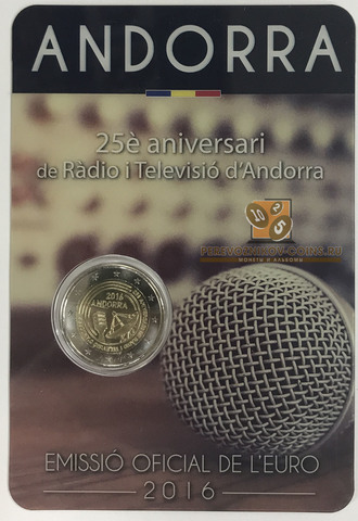 2 евро Андорра "25-летие радио- и телевещания в Андорре" 2016 год