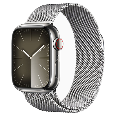 Apple Watch Series 9, GPS, 45 мм, корпус из нержавеющей стали серебристого цвета, миланский сетчатый браслет серебряного цвета