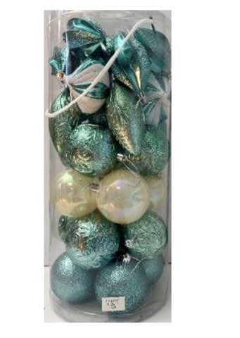 Набор на елку 33предмета 83311 18шар 8см 3вида (искра5,узор9,жемчуг4), 3вида сосулек (узор4,дольки7,пат4) в тубе с ручкой