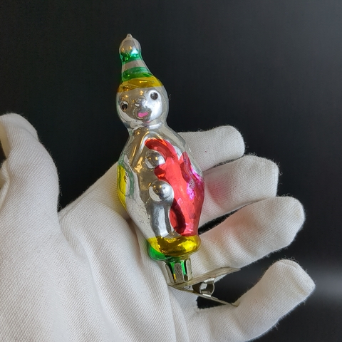 Ёлочная игрушка "Клоун", "Арлекин" на прищепке, стекло, ручная роспись, винтаж времён СССР 1960-1980 гг