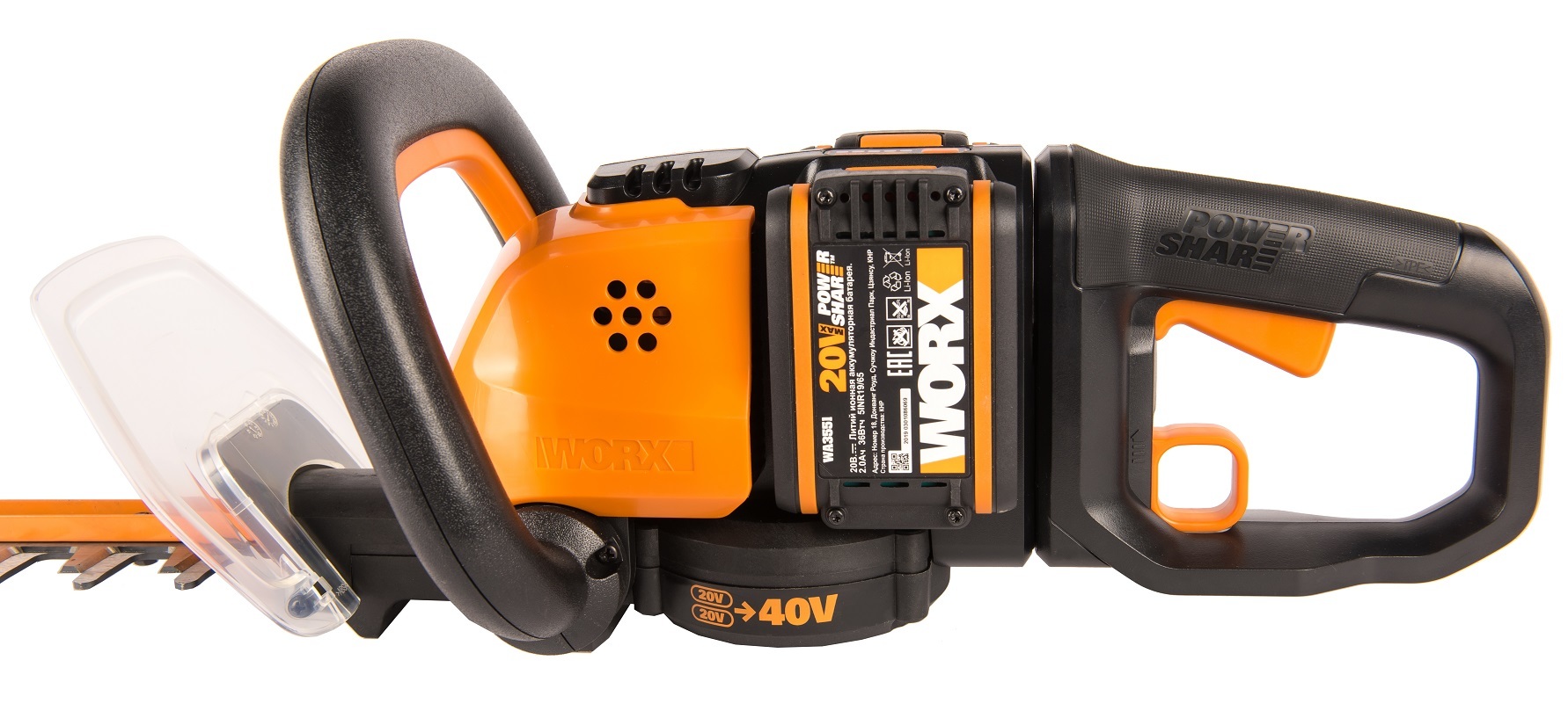 Кусторез аккумуляторный WORX WG284E, 40В, 60 см, 2*2,0 Ач, двойное ЗУ 2x2A