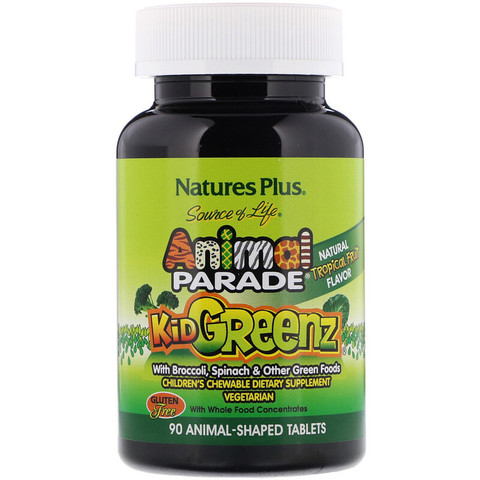 Nature's Plus, Source of Life, Animal Parade, Kid Greenz, вкус натуральных тропических фруктов, 90 животных