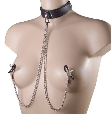 Черный ошейник с металлическими зажимами на соски и поводком - Sitabella BDSM accessories 3371-1