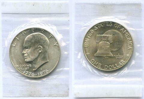 1 доллар 1976 год (S). США. 200-летие Декларации независимости. Серебро, диаметр 38.1 мм. UNC в родной запайке