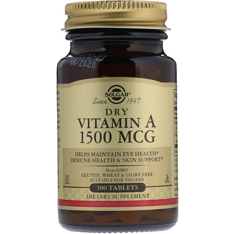 Solgar, витамин A в таблетках, 1500 мкг (5000 МЕ), 100 таблеток