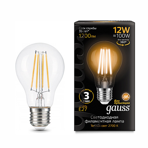 Лампа Gauss LED Filament А60 12W 1200lm 2700К Е27 1/10/40 (102902112)