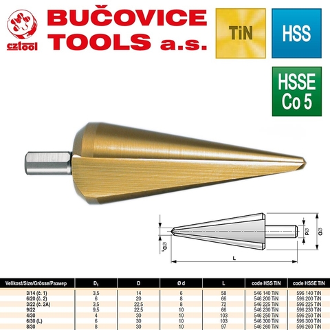 Сверло конусное 3,5-14мм L58мм S=6мм HSSE-Co5 TiN Bucovice(CzTool) 596140