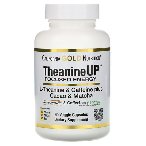 California Gold Nutrition, TheanineUP, сфокусированная энергия, L-теанин и кофеин, 60 растительных капсул