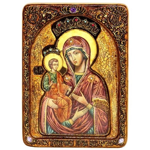 Инкрустированная живописная икона Образ Божией Матери Троеручица 29х21см на натуральном кипарисе в подарочной коробке