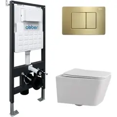 Abber AC1201-AC0105-AC0120MMG Комплект подвесной Унитаз Abber Rechteck AC1201 белый с инсталляцией AC0105 и кнопкой AC0120MMG золото фото