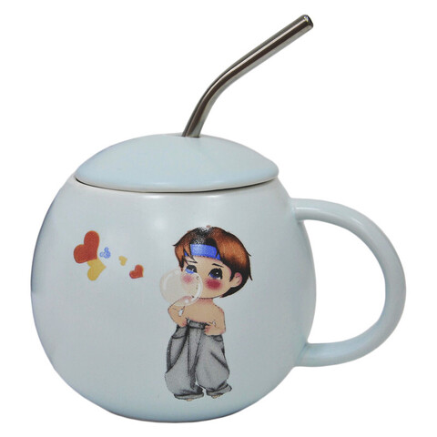 Керамическая кружка с крышкой, голубой, 430мл