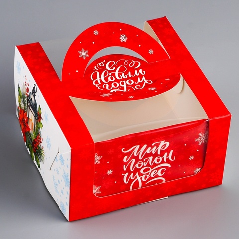 Коробка под бенто - торт с окном «С Новым годом!», 14×14×8 см