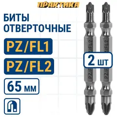 Бита отверточная ПРАКТИКА Профи двусторонняя PZ/FL1-PZ/FL2 х 65мм (2шт) (906-821)