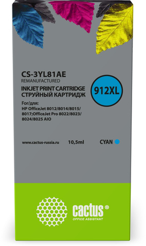 Картридж струйный Cactus CS-3YL81AE 912XL голубой (10.5мл) для HP OfficeJet 8012, 8014, 8015, 8017;OfficeJet Pro 8022, 8023, 8024, 8025 AIO
