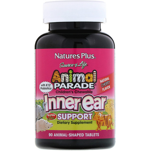 Nature's Plus, Source of Life, Animal Parade, детские жевательные таблетки для поддержания здоровья внутреннего уха, вкус натуральной вишни, 90 животных