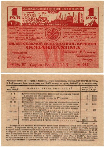 ОСОВИАХИМ. Седьмая Всесоюзная лотерея. 1932 год - 1 рубль