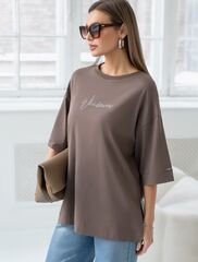 Футболка оверсайз с принтом стразами из премиального хлопка с эластаном  D49.125 (128933)