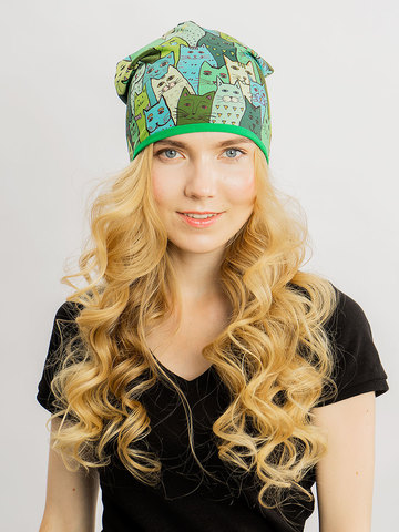 Женская летняя шапочка бини с принтом Котики (зеленые)