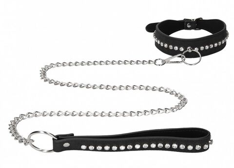 Черный ошейник с поводком Diamond Studded Collar With Leash - Shots Media BV Ouch! OU572BLK