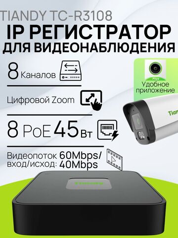 8-канальный PoE IP Видеорегистратор Tiandy TC-R3108 I/B/P8/C/Eu/L/S/V2.0