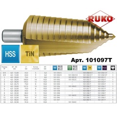 Сверло ступенчатое 6-40мм (Спиральное) HSS-G TiN 16ступ. L105мм хв.13мм Ruko 101097T