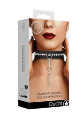 Черный ошейник с поводком Diamond Studded Collar With Leash - 