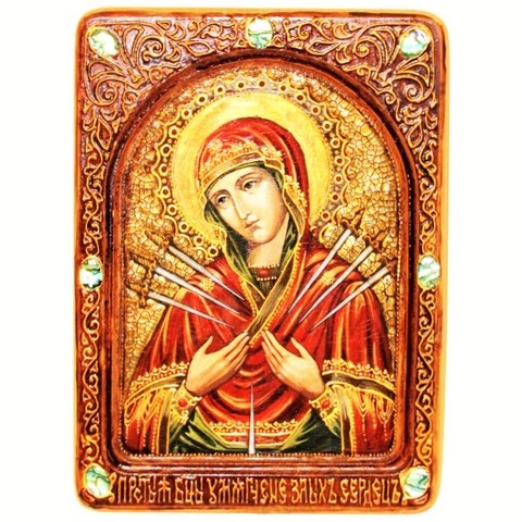 Инкрустированная живописная икона Образ Божией Матери Умягчение злых сердец 29х21см на натуральном кипарисе в подарочной коробке