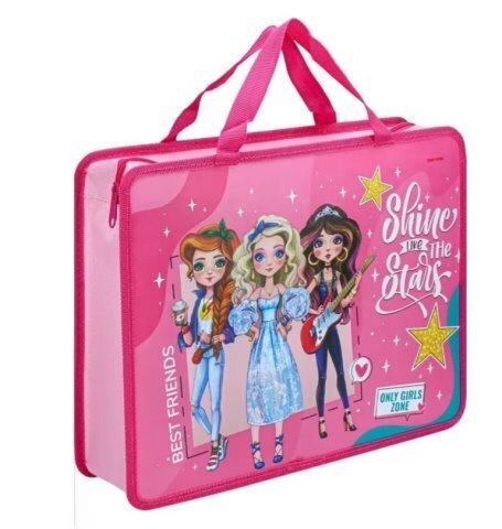 Папка для труда и тетрадей, А4, 1 отдел, пластик, с ручками, на молнии, принт в ассорти