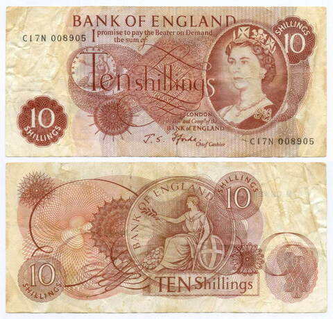 Банкнота Англия 10 шиллингов 1967 год C17N 008905 (подпись J.S.Fforde). F-VF