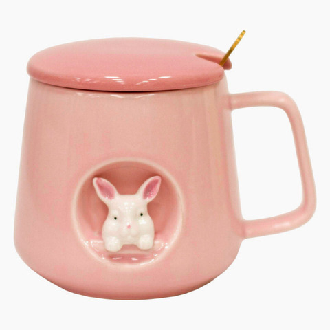 Керамическая кружка с крышкой и ложкой, 10*7,8 см, розовый, 380 мл