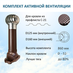 Турбодефлектор TD160 ОЦ, вент. выход утепленный высотой Н-700, для кровельного профнастила С-21 мм, коричневый