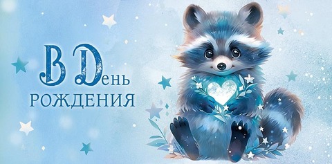 Открытка-конверт, В День Рождения (енотик), Голубой, 8,4*16,7 см, 5 шт.