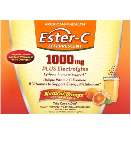American health, Ester-C, шипучий вкус, натуральный апельсин, 1000 мг, 21 пакетик по 10 г (0,35 унции)