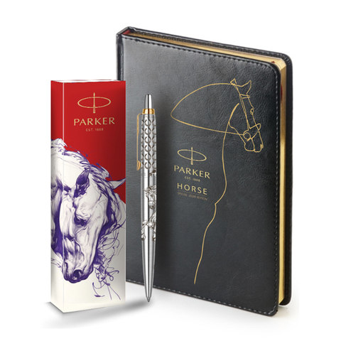 Подарочный набор: Шариковая ручка Parker Jotter Horse Special Edition в подарочной коробке и ежедневник недатированный черный с золотым срезом