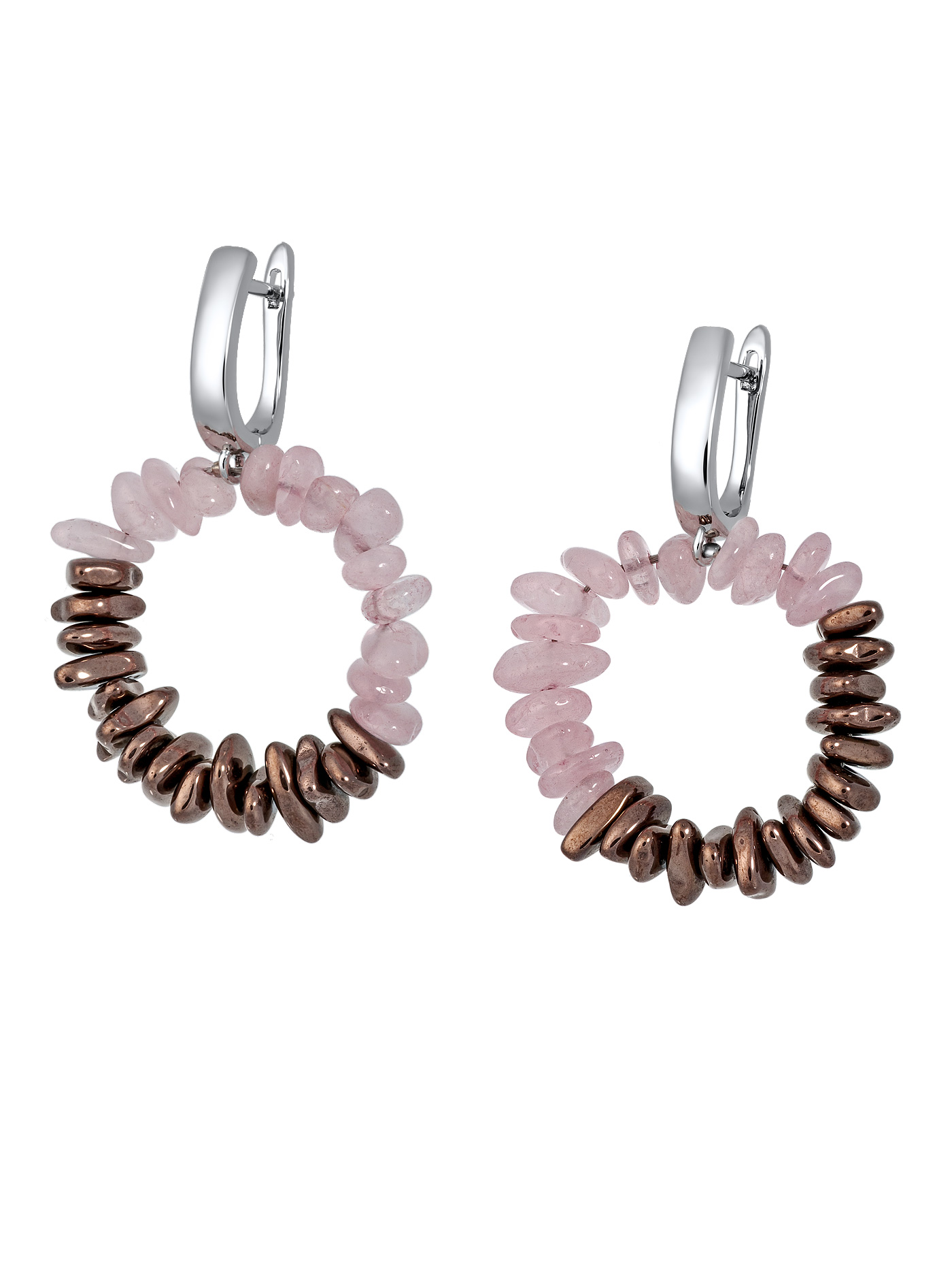 Дизайнерские круглые серьги с розовым кварцем и гематитом