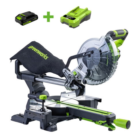 Торцовочная пила акк. Greenworks GD24MS216, 24V, б/щ, 4800 об/мин, 216x30мм,рез 65х310мм,1х2Ач,ЗУ (1501707UA)