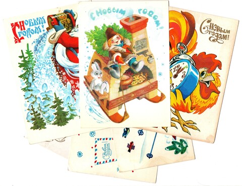 Подборка поздравительных Новогодних открыток — 6 штук— разные художники —чистые, без повторов, времен СССР