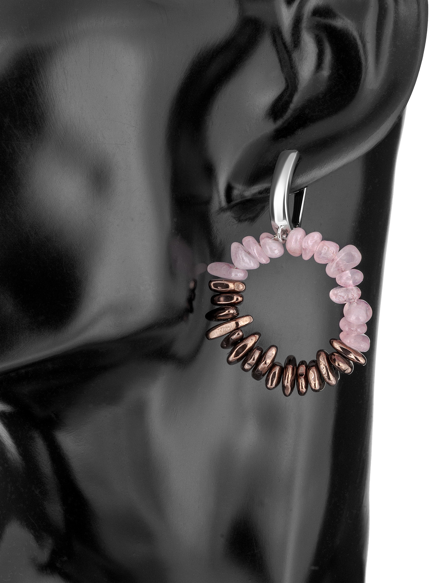 Дизайнерские круглые серьги с розовым кварцем и гематитом