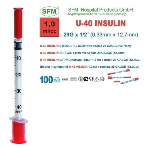 Шприц ( 3-х компонентный) 1 мл. инсулиновый U-40 с интегрированной иглой 0,33х12,7 ( 29G)