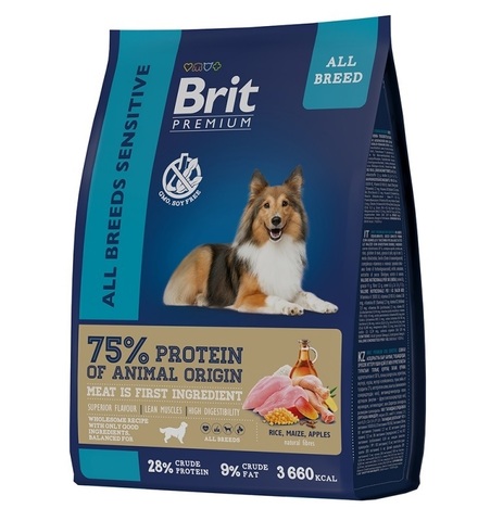 Brit Premium Dog Sensitive с ягненком и индейкой для взр собак всех пород с чувств. пищевар 1 кг