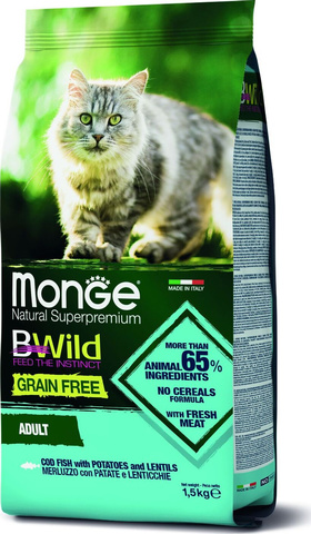 Monge Cat BWild GRAIN FREE беззерновой корм из трески для взрослых кошек 1,5 кг