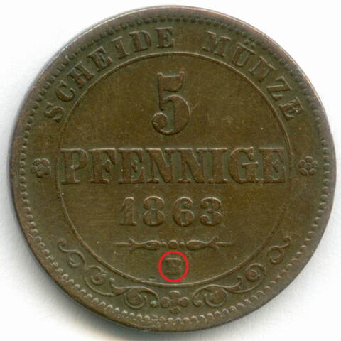 5 пфеннигов 1863 (B). Германия-Саксония. Медь VF