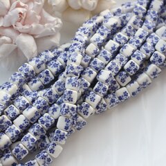 Бусина Кубик, керамика, белая с синей росписью, 8 мм, 1 нить, К092