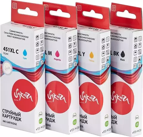 Набор струйных картриджей SI64BAB001 (451XLBK/451XLC/451XLM/451XLY) для Canon PIXMA MG5440/5540, 6340/6440/7140, MX924, iP7240, водорастворимый тип чернил, (черный, голубой, пурпурный, желтый), 4 шт в наборе