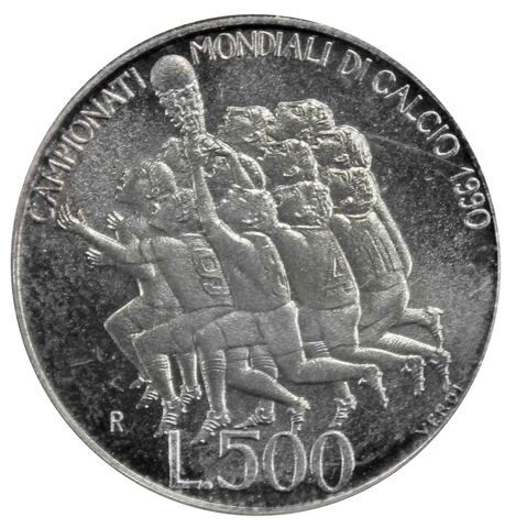 500 лир Чемпионат мира по футболу 1990 года. Сан-Марино. 1990 год Серебро. UNC.