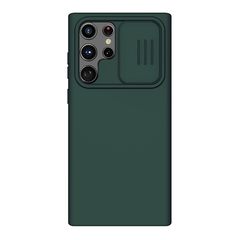 Чехол зеленого цвета (Dark Green) от Nillkin для Samsung Galaxy S22 Ultra, серия CamShield Silky Silicone с защитной шторкой для камеры