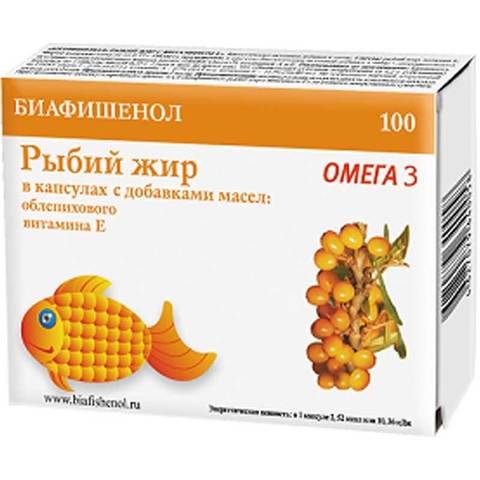 Рыбий жир БИАФИШЕНОЛ с облепихой/витамин Е №100