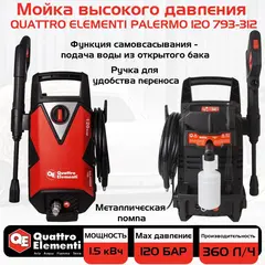 Мойка высокого давления QUATTRO ELEMENTI PALERMO 120 (1500 Вт, 120 Бар, 360 л/час) (793-312)