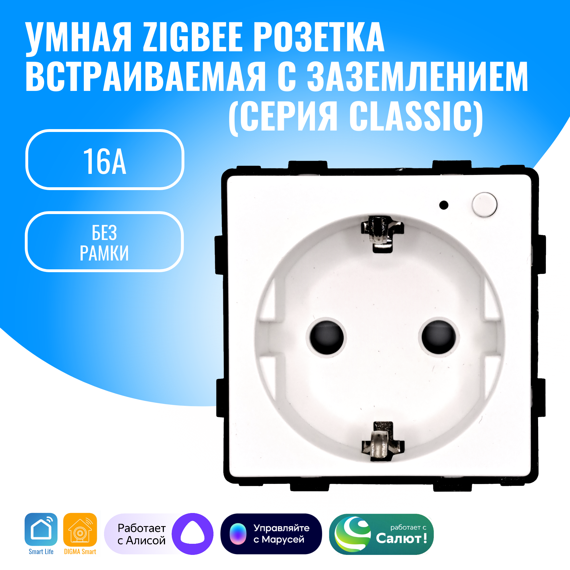 Умная ZigBee розетка встраиваемая с заземлением Smart Aura модуль без рамки (белый)